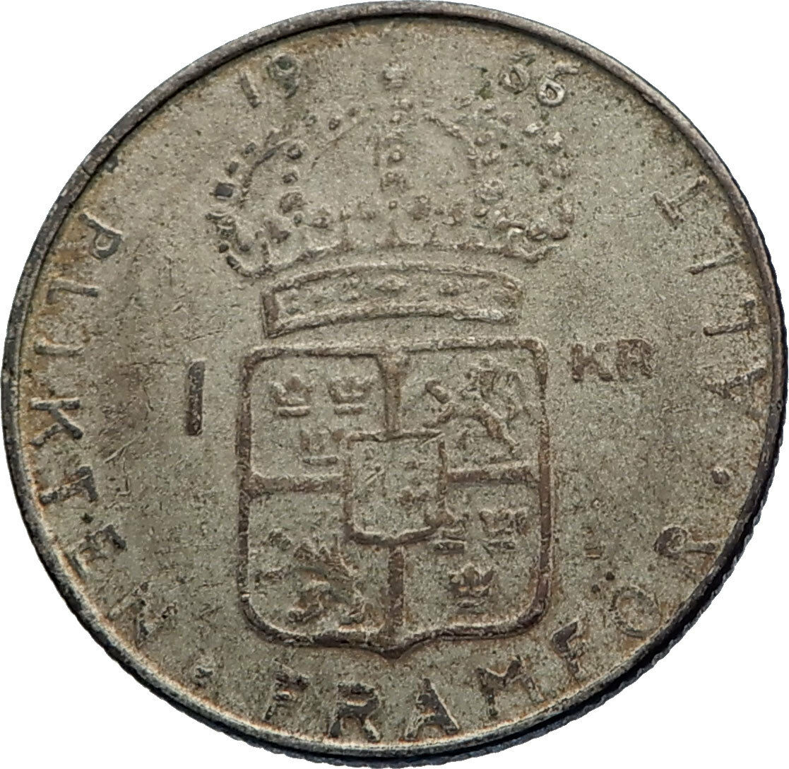 1966 Sweden GUSTAF VI Silver Krona Crowned ARMS Antique Vintage Coin i71965