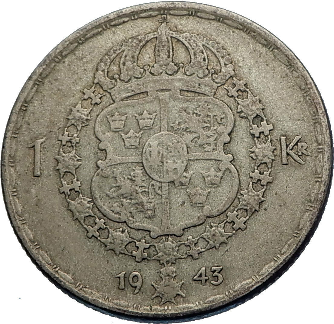 1943 Sweden GUSTAF V Silver Krona Crowned ARMS Antique Vintage Coin i71964