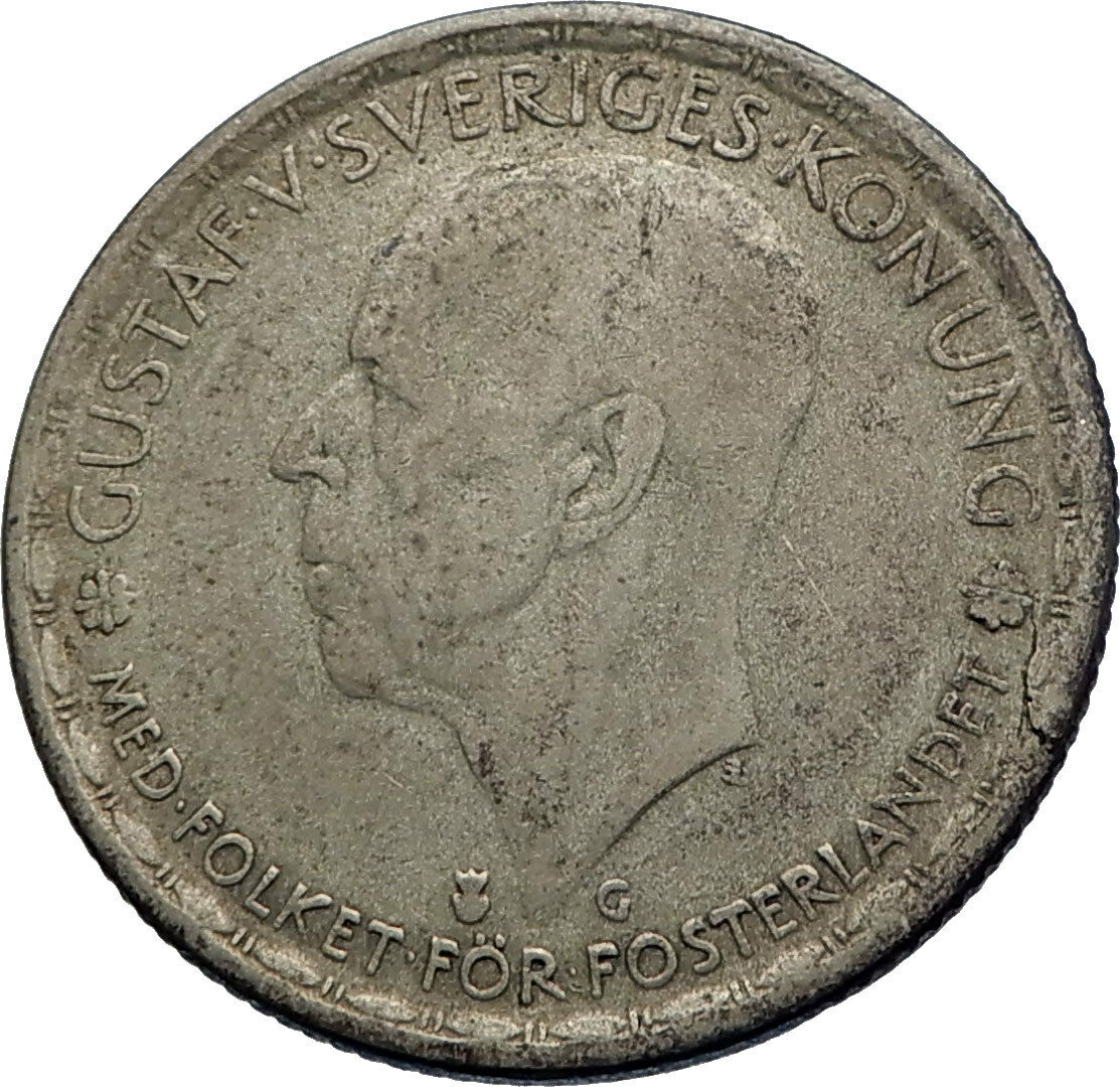 1943 Sweden GUSTAF V Silver Krona Crowned ARMS Antique Vintage Coin i71964