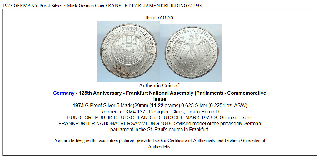 1973 GERMANY Proof Silver 5 Mark German Coin FRANFURT PARLIAMENT BUILDING i71933