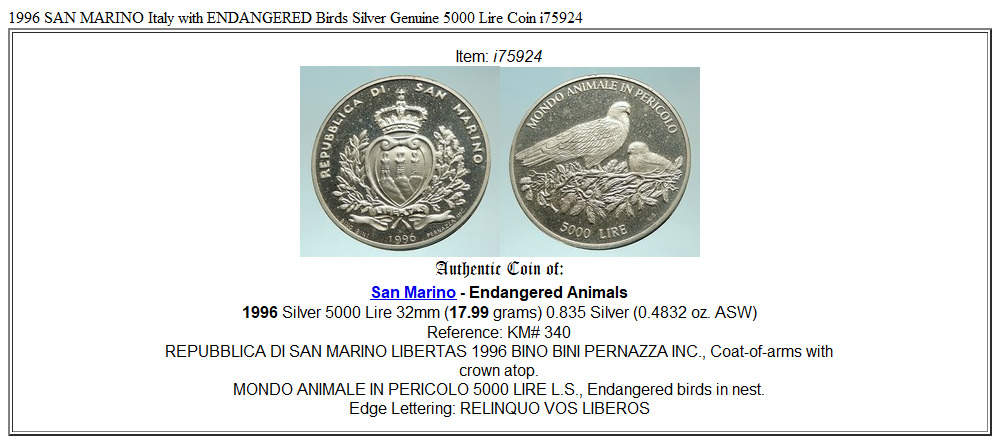 1996 SAN MARINO Italy with ENDANGERED Birds Silver Genuine 5000 Lire Coin i75924