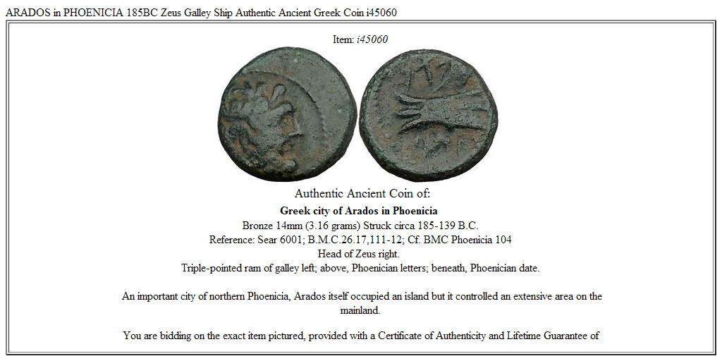 ARADOS in PHOENICIA 185BC Zeus Galley Ship Authentic Ancient Greek Coin i45060