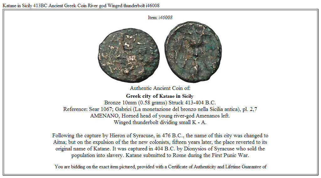 Katane in Sicily 413BC Ancient Greek Coin River god Winged thunderbolt i46008