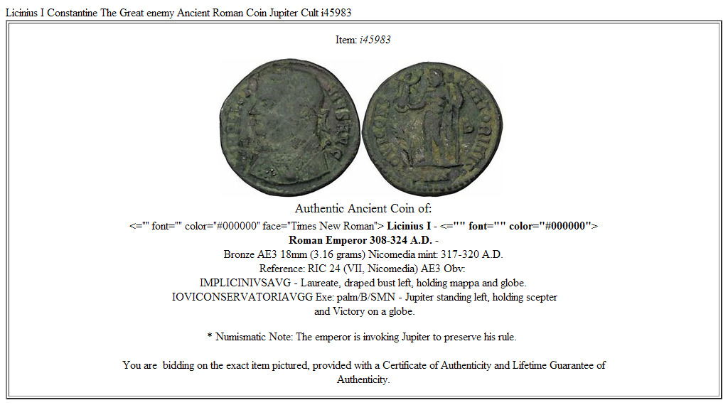 Licinius I Constantine The Great enemy Ancient Roman Coin Jupiter Cult i45983
