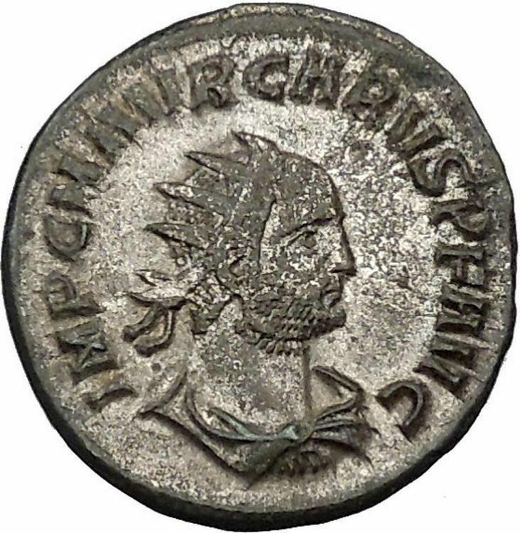 CARUS receiving Victory on globe from Jupiter 282AD Ancient Roman Coin i46345