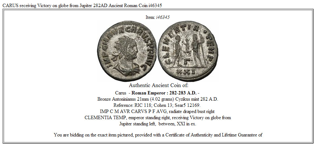 CARUS receiving Victory on globe from Jupiter 282AD Ancient Roman Coin i46345