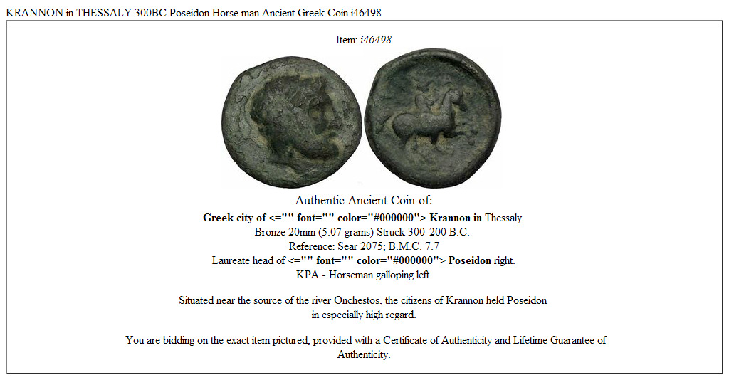 KRANNON in THESSALY 300BC Poseidon Horse man Ancient Greek Coin i46498