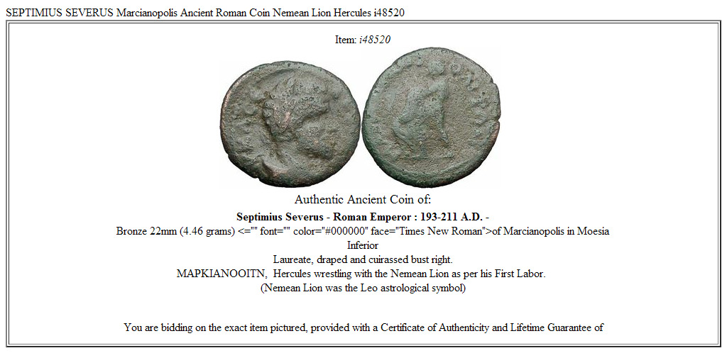 SEPTIMIUS SEVERUS Marcianopolis Ancient Roman Coin Nemean Lion Hercules i48520