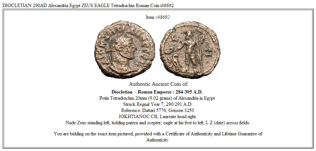 DIOCLETIAN 290AD Alexandria Egypt ZEUS EAGLE Tetradrachm Roman Coin i48692