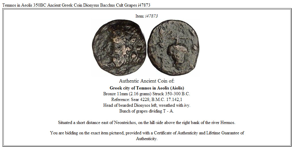 Temnos in Aeolis 350BC Ancient Greek Coin Dionysus Bacchus Cult Grapes i47873