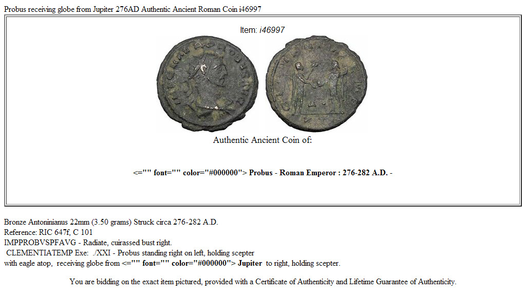 Probus receiving globe from Jupiter 276AD Authentic Ancient Roman Coin i46997