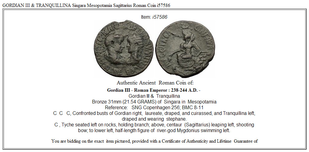 GORDIAN III & TRANQUILLINA Singara Mesopotamia Sagittarius Roman Coin i57586