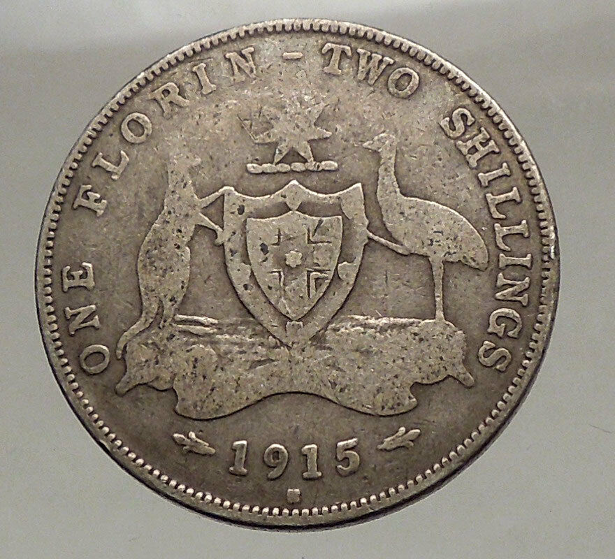 1915 AUSTRALIA - FLORIN Large SILVER Coin King George V Coat-of-Arms i57108