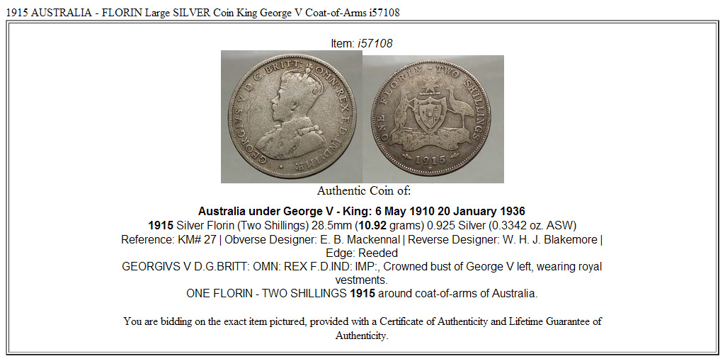 1915 AUSTRALIA - FLORIN Large SILVER Coin King George V Coat-of-Arms i57108