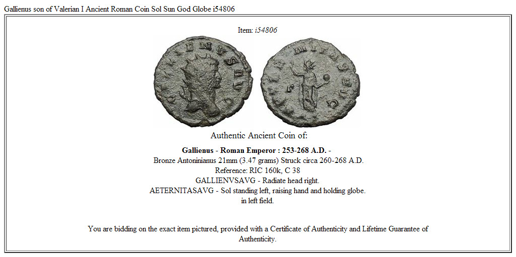 Gallienus son of Valerian I Ancient Roman Coin Sol Sun God Globe i54806