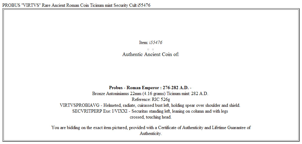 PROBUS "VIRTVS" Rare Ancient Roman Coin Ticinum mint Security Cult i55476