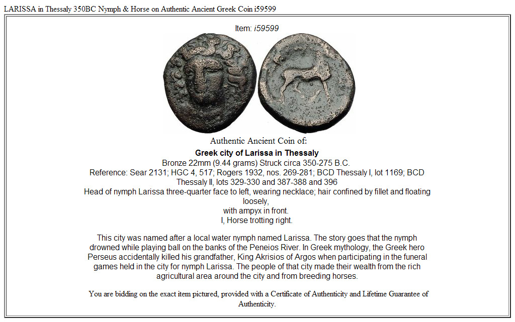 LARISSA in Thessaly 350BC Nymph & Horse on Authentic Ancient Greek Coin i59599