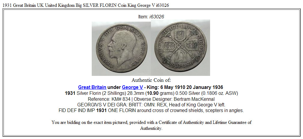 1931 Great Britain UK United Kingdom Big SILVER FLORIN Coin King George V i63026