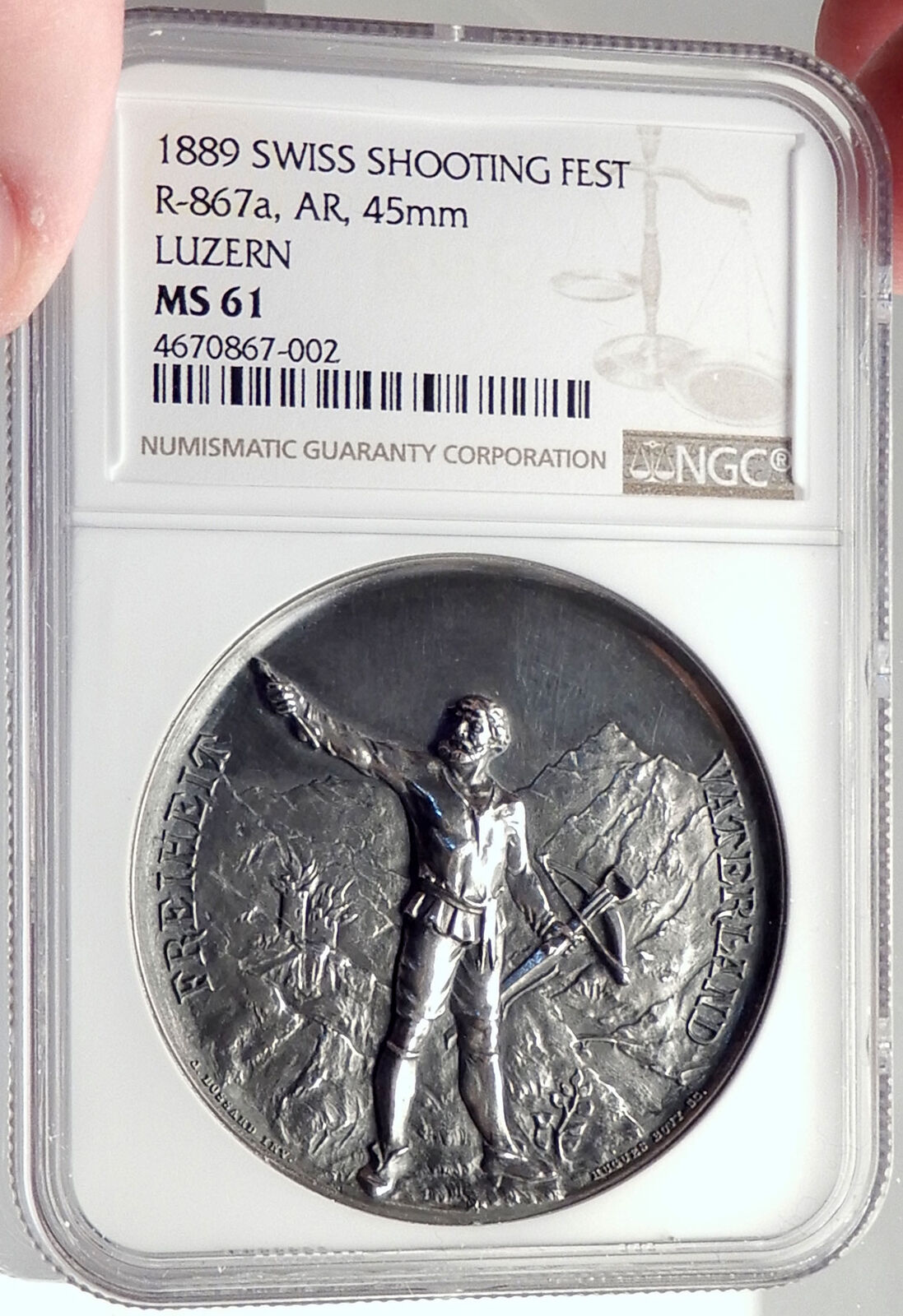 1889 SWITZERLAND Lucerne Shooting Festival Silver Medal WILLIAM TELL NGC i70025