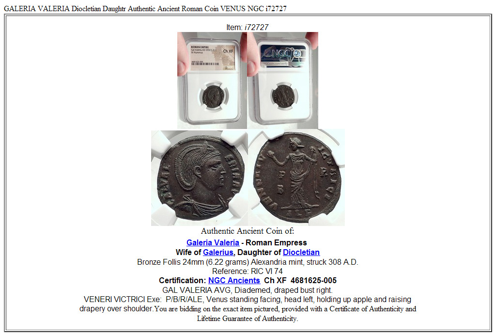 GALERIA VALERIA Diocletian Daughtr Authentic Ancient Roman Coin VENUS NGC i72727