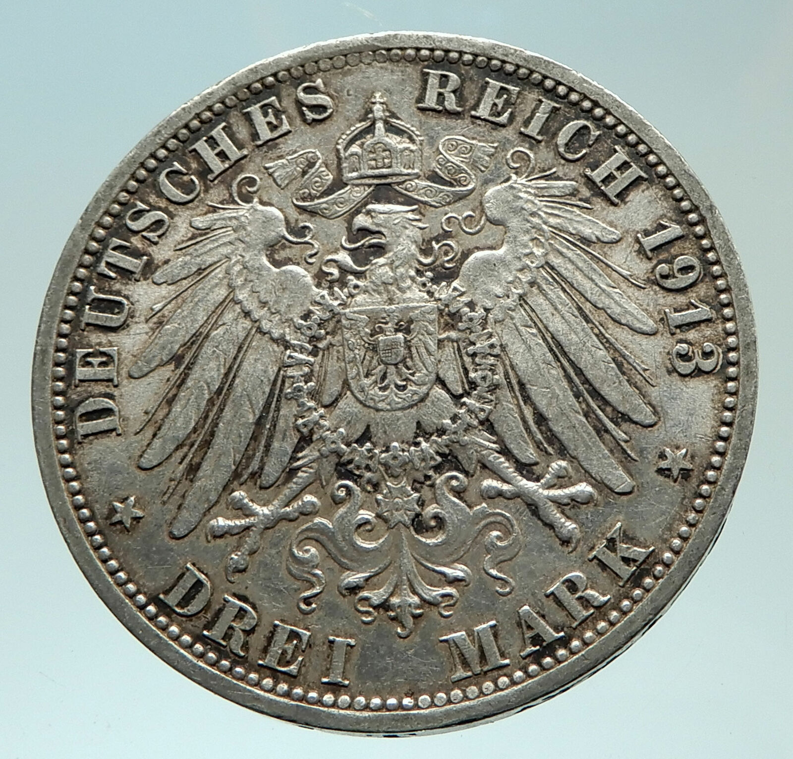 1913 PRUSSIA KINGDOM Germany WILHELM II Genuine Silver 3 Mark German Coin i75933