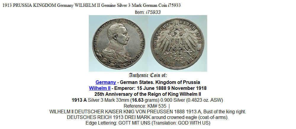 1913 PRUSSIA KINGDOM Germany WILHELM II Genuine Silver 3 Mark German Coin i75933