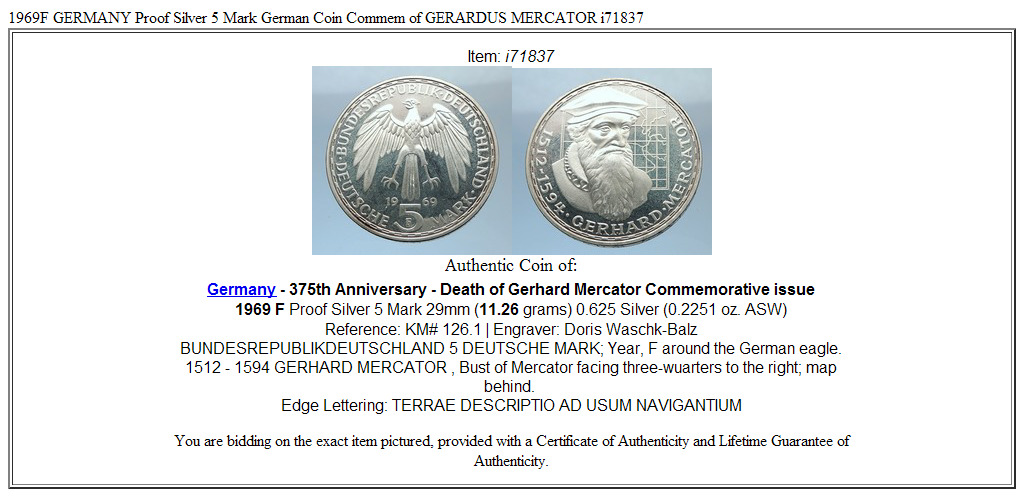 1969F GERMANY Proof Silver 5 Mark German Coin Commem of GERARDUS MERCATOR i71837