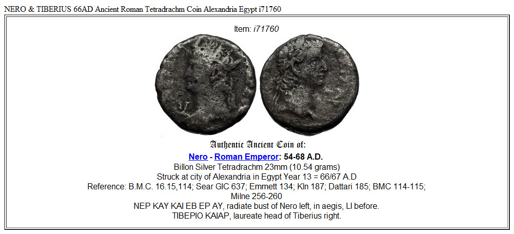 NERO & TIBERIUS 66AD Ancient Roman Tetradrachm Coin Alexandria Egypt i71760