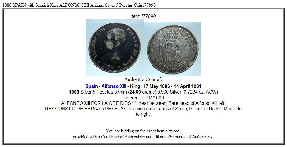 1888 SPAIN with Spanish King ALFONSO XIII Antique Silver 5 Pesetas Coin i77890