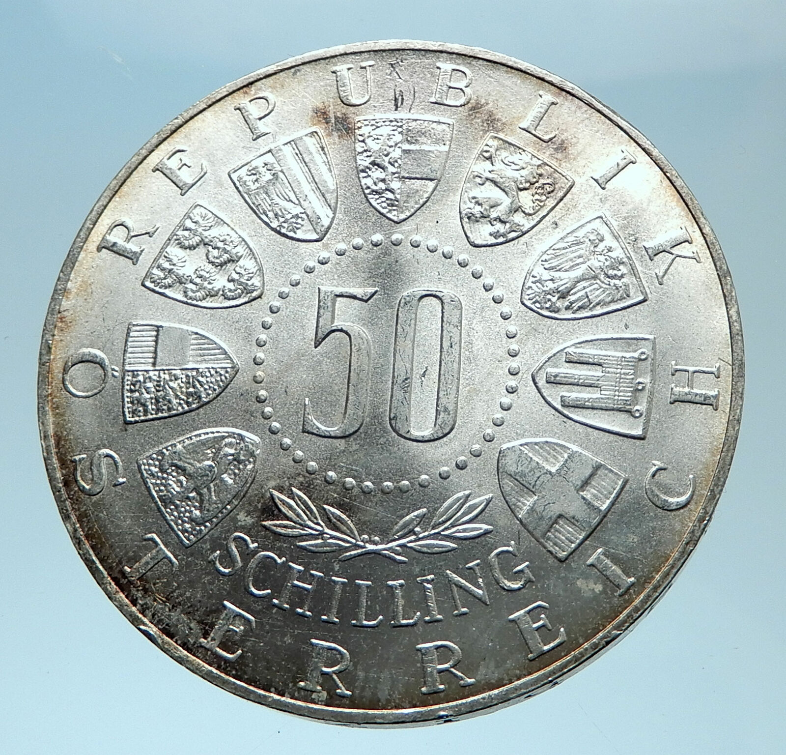 1963 AUSTRIA Tyrol and Austrian Shields Genuine Silver 50 Shilling Coin i78020