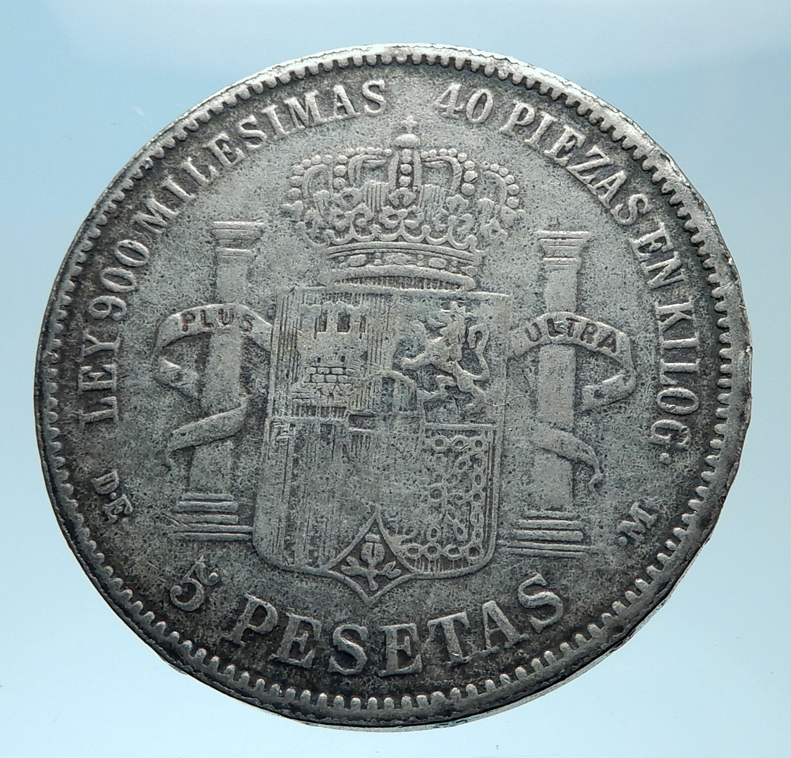 1871 SPAIN w King Amadeo I Amadeus Antique Silver 5 Pesetas Spanish Coin i77976