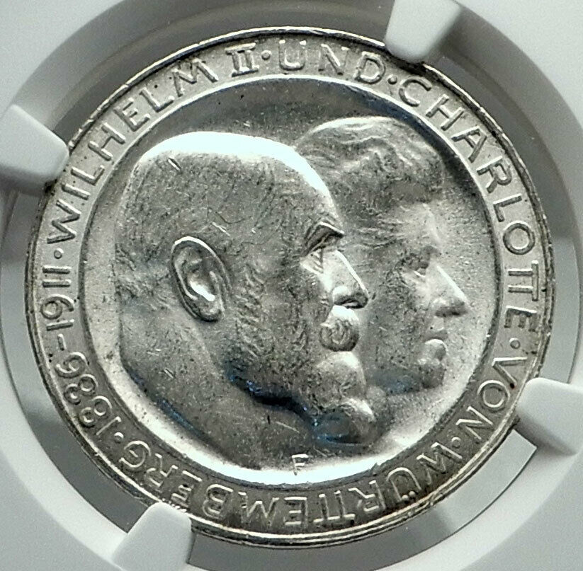 1911 GERMANY German State King Wurttemburg Silver 3 Mark Coin NGC MS 64+ i79812