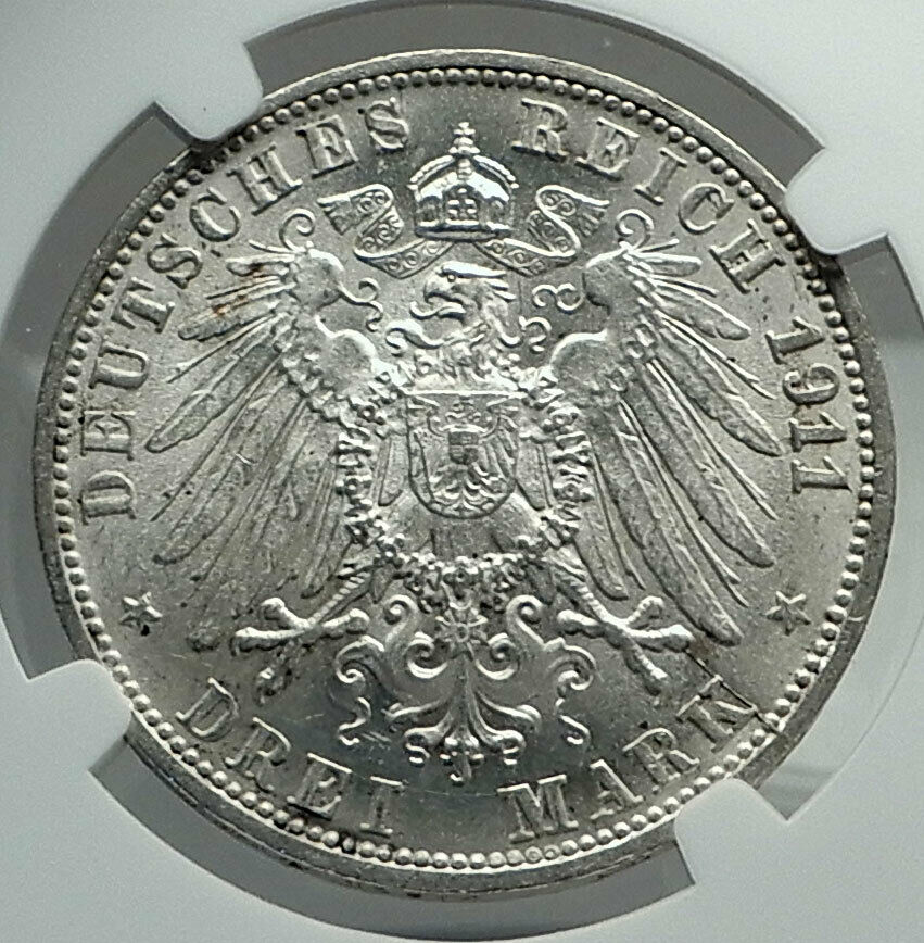 1911 GERMANY German State King Wurttemburg Silver 3 Mark Coin NGC MS 64+ i79812