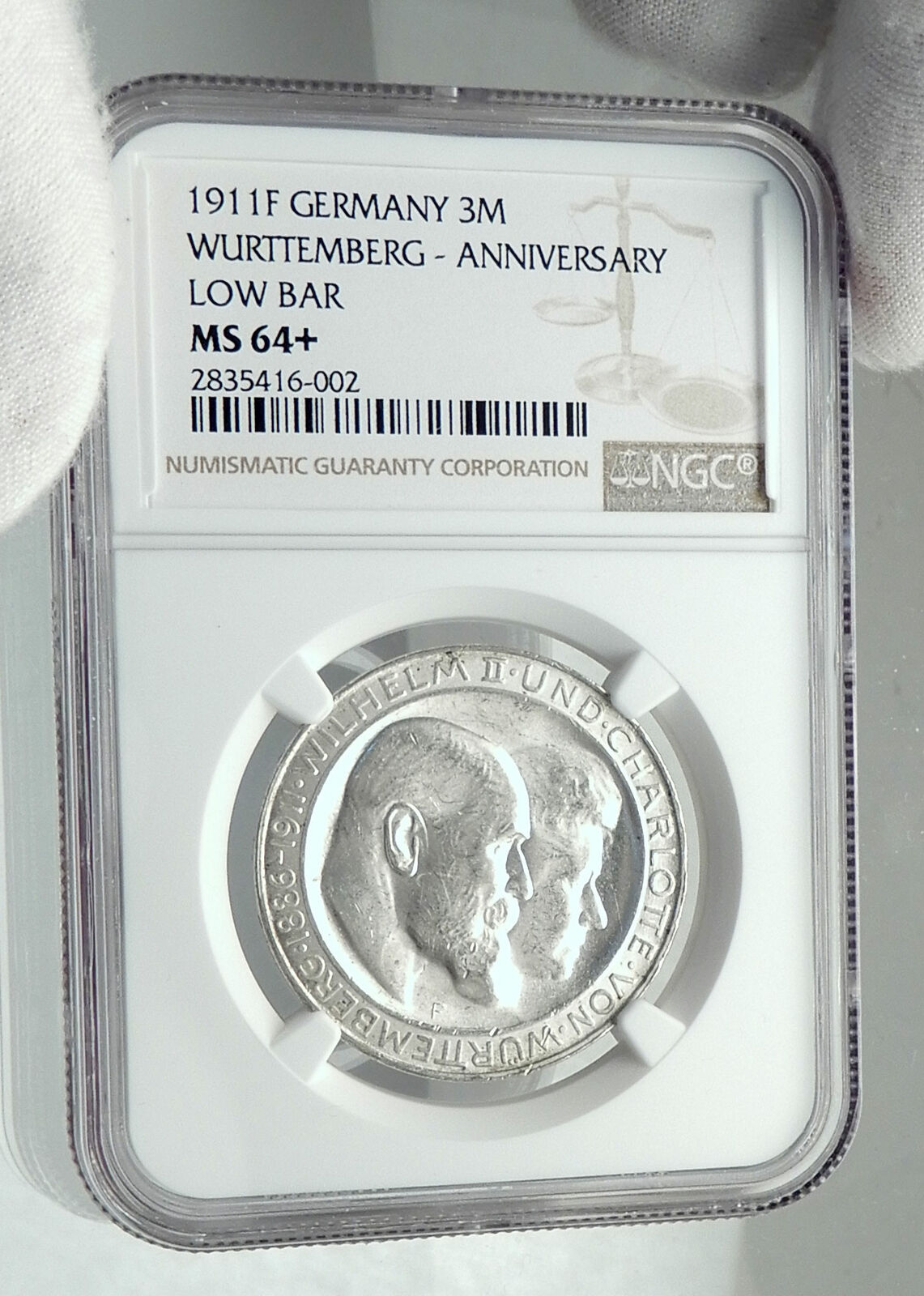 1911 GERMANY German State King Wurttemburg Silver 3 Mark Coin NGC MS 64+ i79812