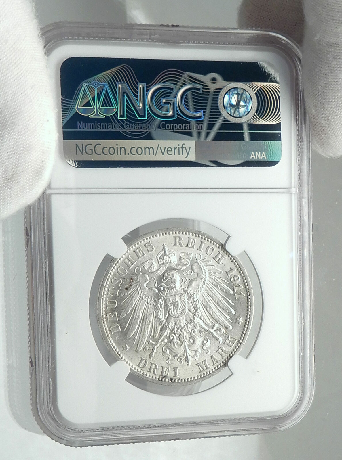 1911 GERMANY German State King Wurttemburg Silver 3 Mark Coin NGC MS 64+ i79812