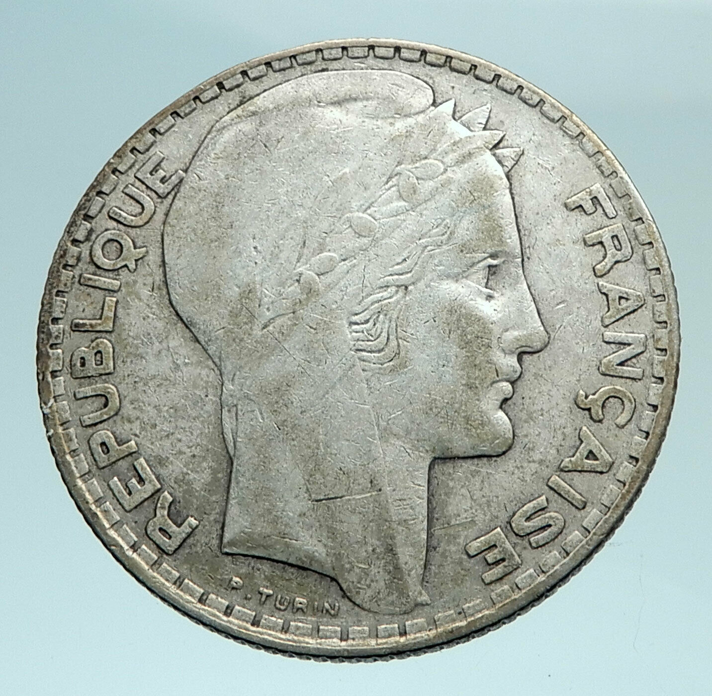 1930 FRANCE w Marianne FRENCH MOTTO Antique Genuine Silver 10 Francs Coin i79455