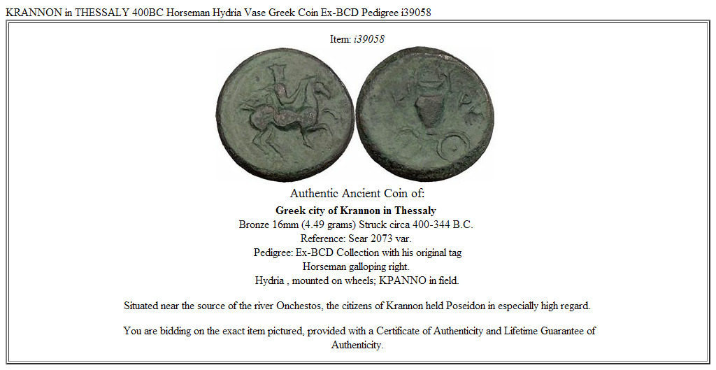 KRANNON in THESSALY 400BC Horseman Hydria Vase Greek Coin Ex-BCD Pedigree i39058