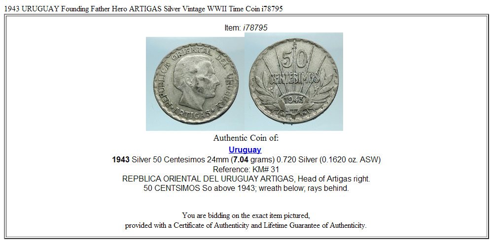 1943 URUGUAY Founding Father Hero ARTIGAS Silver Vintage WWII Time Coin i78795