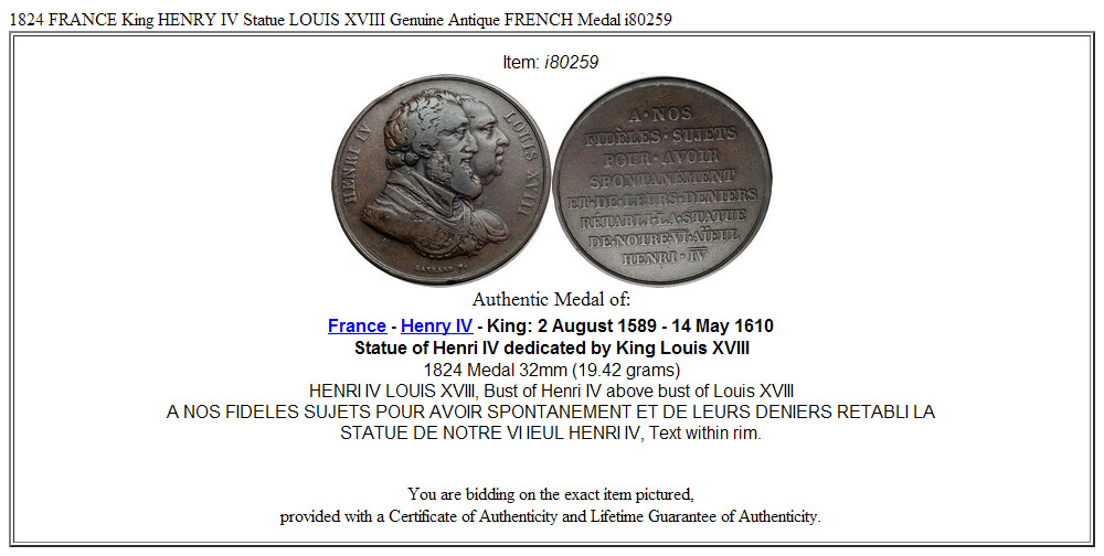 1824 FRANCE King HENRY IV Statue LOUIS XVIII Genuine Antique FRENCH Medal i80259