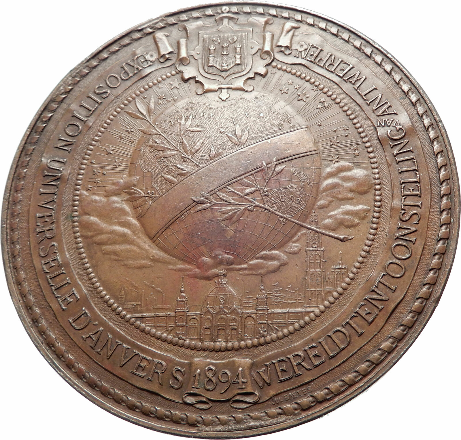 1894 BELGIUM Antwerp King Leopold II with Globe World Exhibition Medal i80587