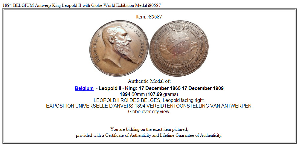 1894 BELGIUM Antwerp King Leopold II with Globe World Exhibition Medal i80587