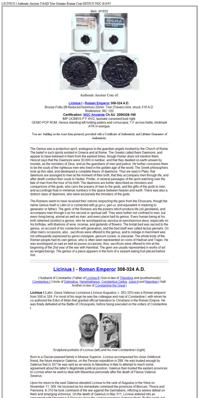 LICINIUS I Authentic Ancient 316AD Trier Genuine Roman Coin GENIUS NGC i81655
