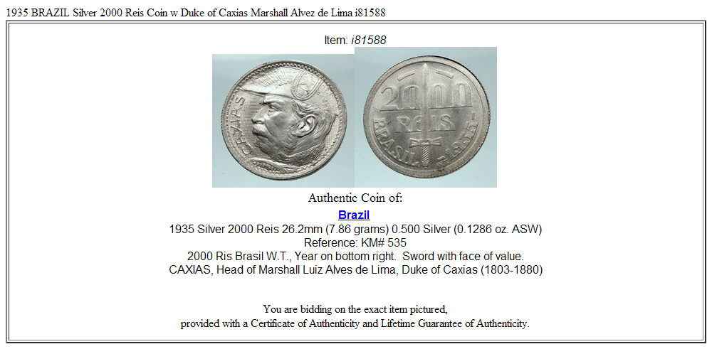 1935 BRAZIL Silver 2000 Reis Coin w Duke of Caxias Marshall Alvez de Lima i81588