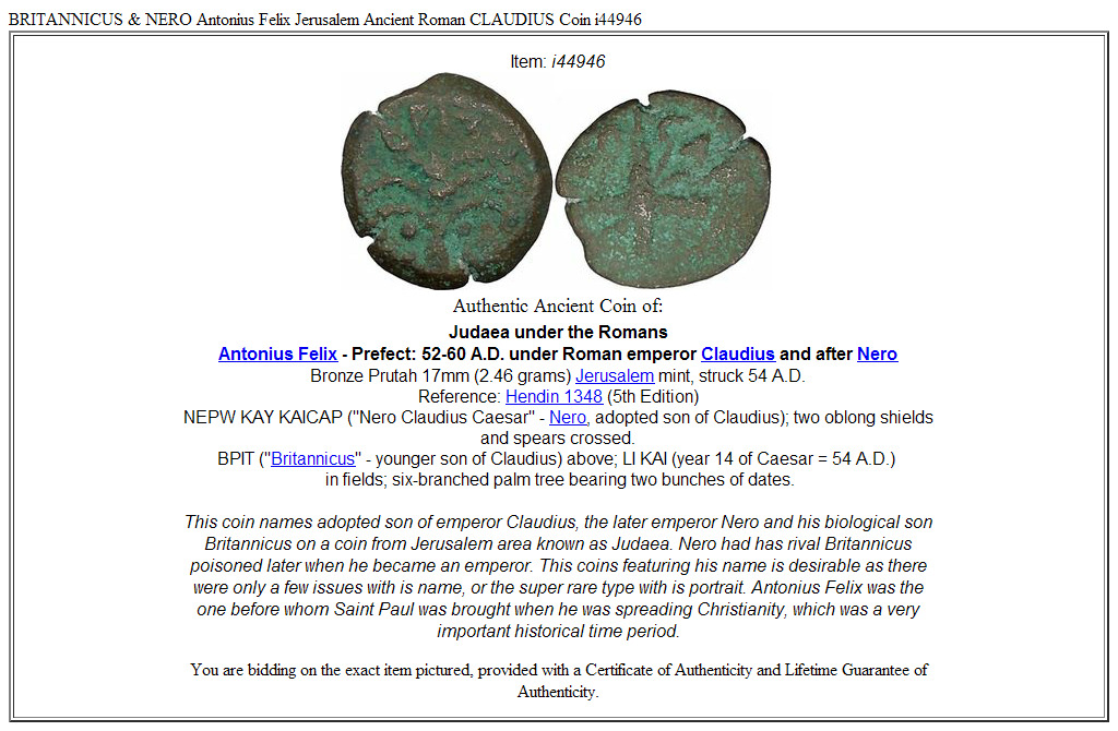 BRITANNICUS & NERO Antonius Felix Jerusalem Ancient Roman CLAUDIUS Coin i44946