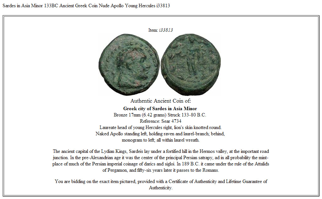 Sardes in Asia Minor 133BC Ancient Greek Coin Nude Apollo Young Hercules i33813