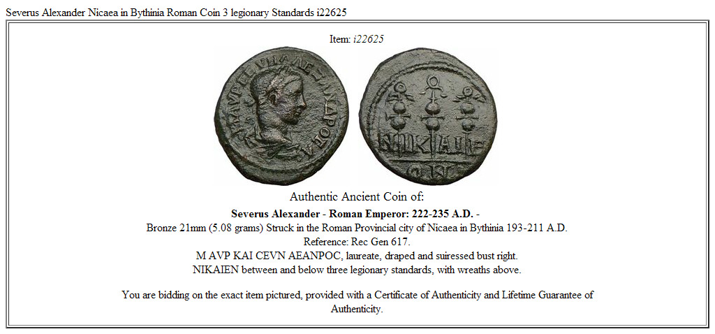 Severus Alexander Nicaea in Bythinia Roman Coin 3 legionary Standards i22625