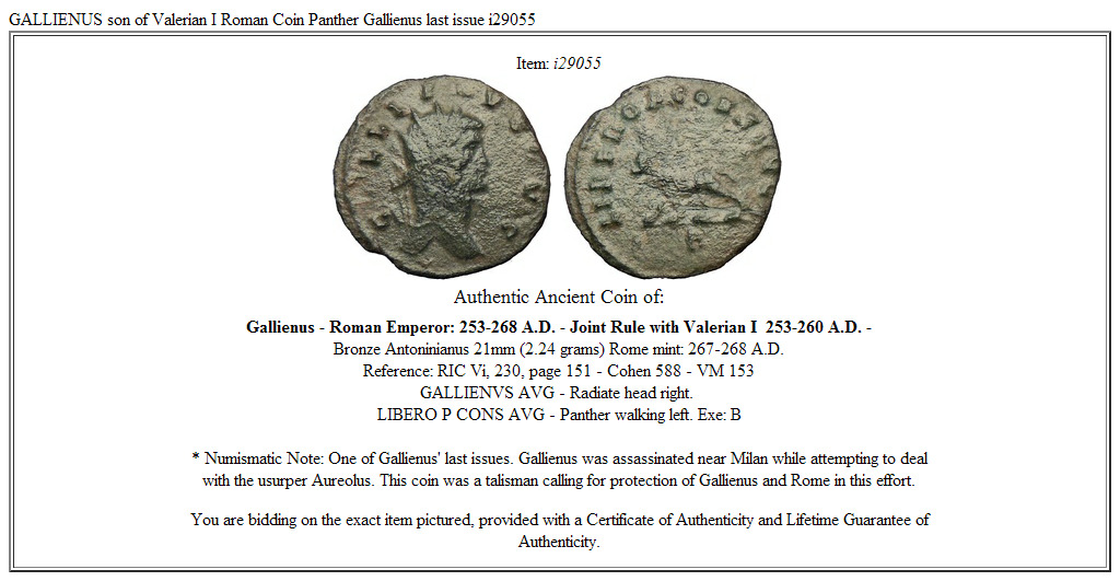 GALLIENUS son of Valerian I Roman Coin Panther Gallienus last issue i29055