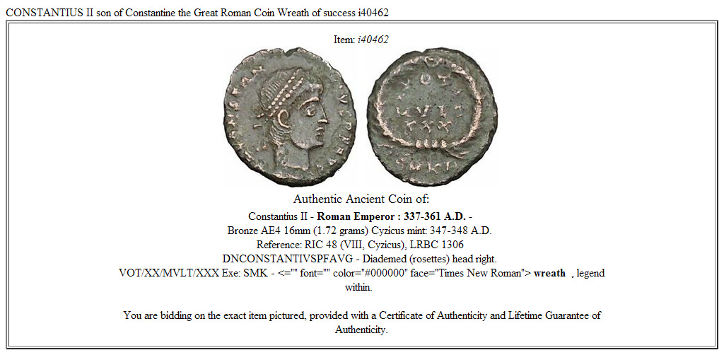 CONSTANTIUS II son of Constantine the Great Roman Coin Wreath of success i40462