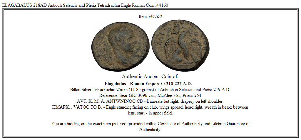 ELAGABALUS 218AD Antioch Seleucis and Pieria Tetradrachm Eagle Roman Coin i44160