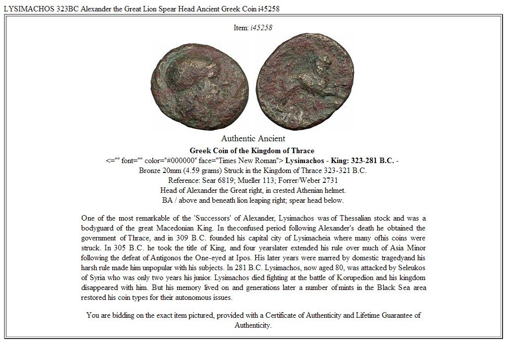 LYSIMACHOS 323BC Alexander the Great Lion Spear Head Ancient Greek Coin i45258